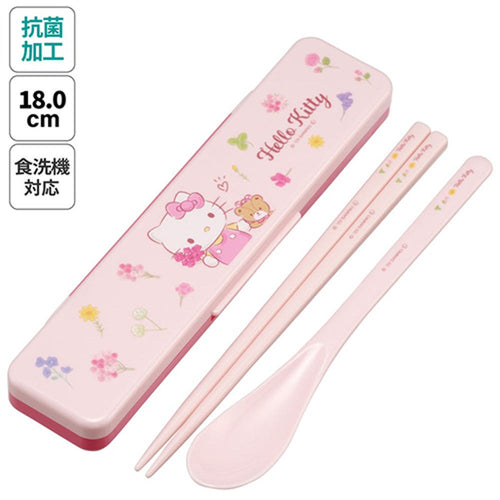 스케이터 키티 캐릭터 소리나지 않는 항균 콤비세트 (스푼,젓가락,케이스) 18cm - 주방·식기 - 하카타몰