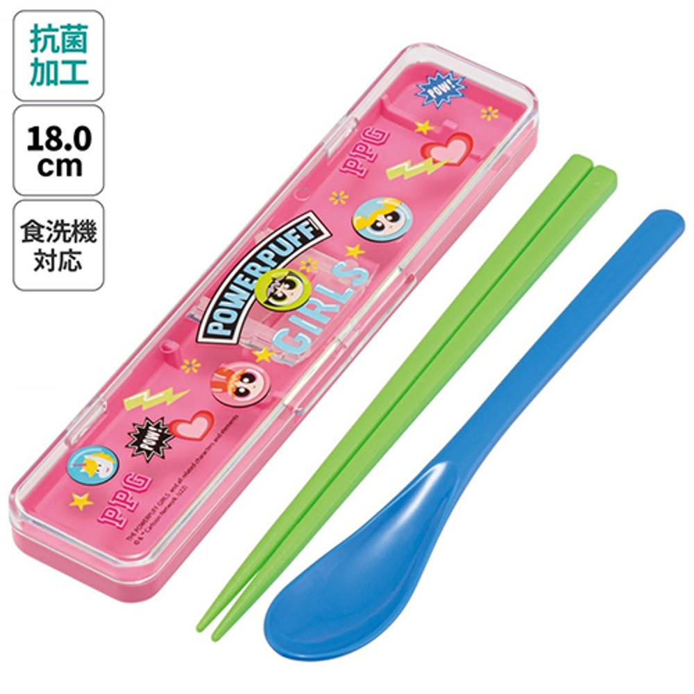 스케이터 파워퍼프걸 캐릭터 소리나지 않는 항균 콤비세트 (스푼,젓가락,케이스) 18cm CCS3SAAG - 주방·식기 - 하카타몰